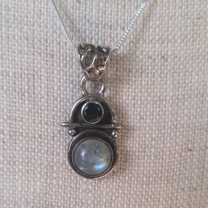 Sterling Silver Moonstone & Garnet Pendant Necklace, Dainty, Artisan, New